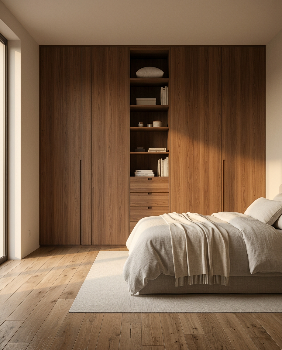Einbauschrank aus Nussbaum in einem minimalistischen Schlafzimmer
