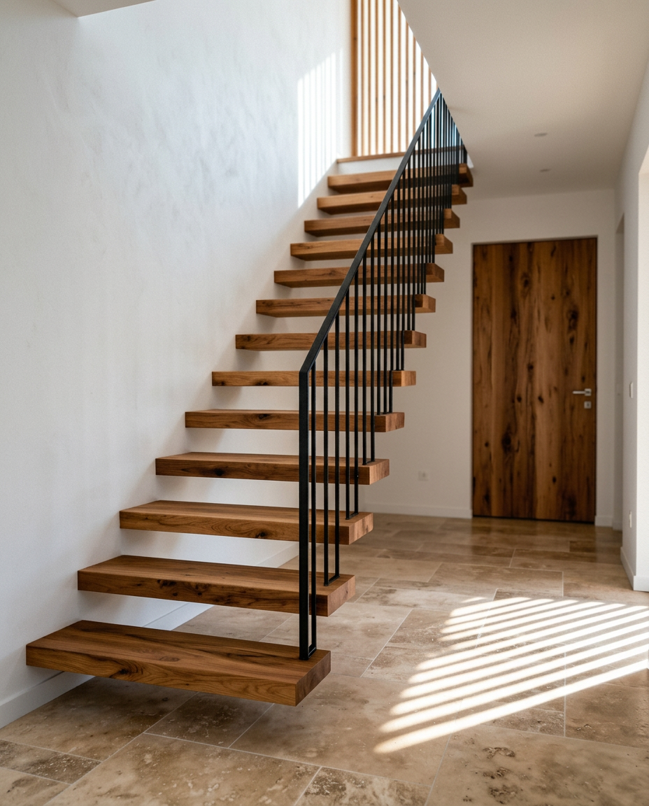 Freitragende Holztreppe mit Eichenstufen in hellem Hausflur